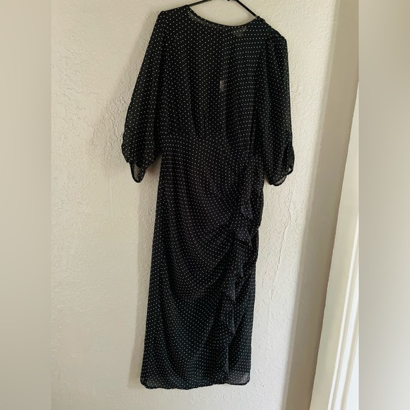 Andree Dresses & Skirts - Black Polka Dot Midi Dress - Elegant Gathered Side Detail